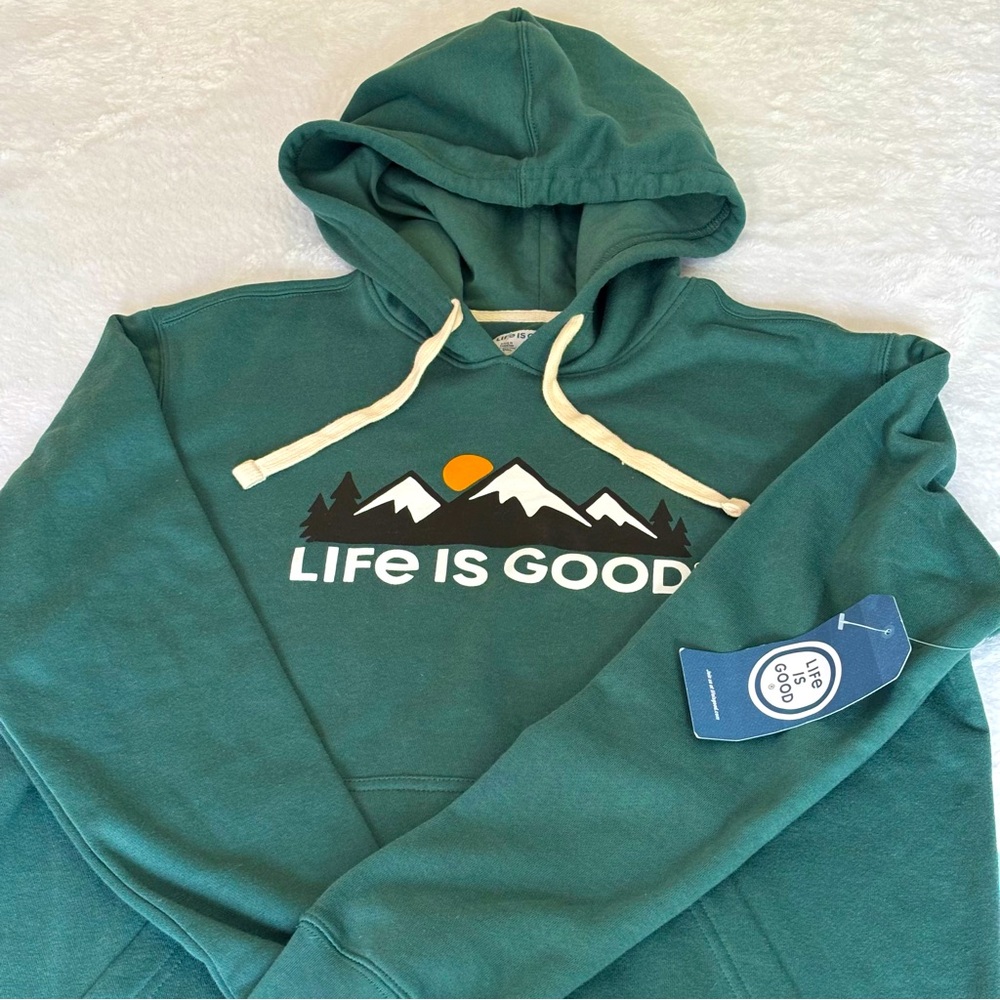Men’s Life is Good Green Sweatshirt Hoodie Size SMALL Mountains